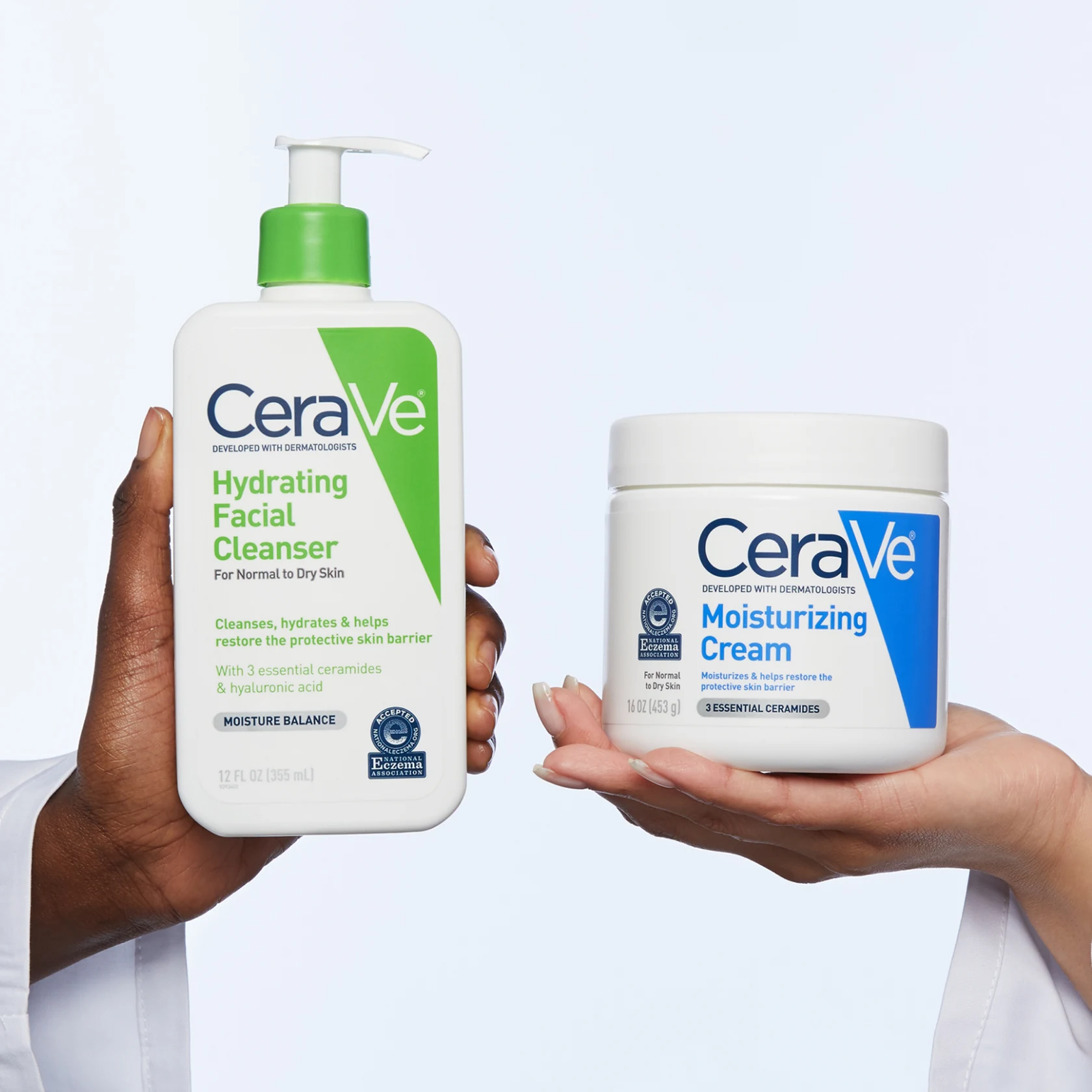 Two hands hold one bottle of CeraVe skincare products each 