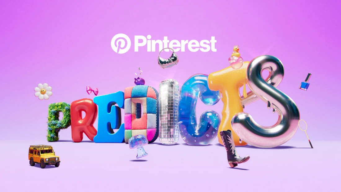 Pinterest logo with "P" badge is written in white font above the word "Predicts" in colorful, vibrant iconography. Various objects representing this year's trends such as a jellyfish, silver purse, flower and bow surround the word "Predicts."