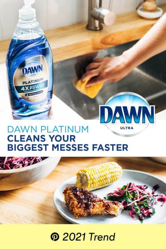 Pin da marca Dawn mostrando um prato de comida, uma mulher limpando uma pia de cozinha e o texto onde se lê: “Dawn Platinum elimina a maior sujeira no menor tempo”