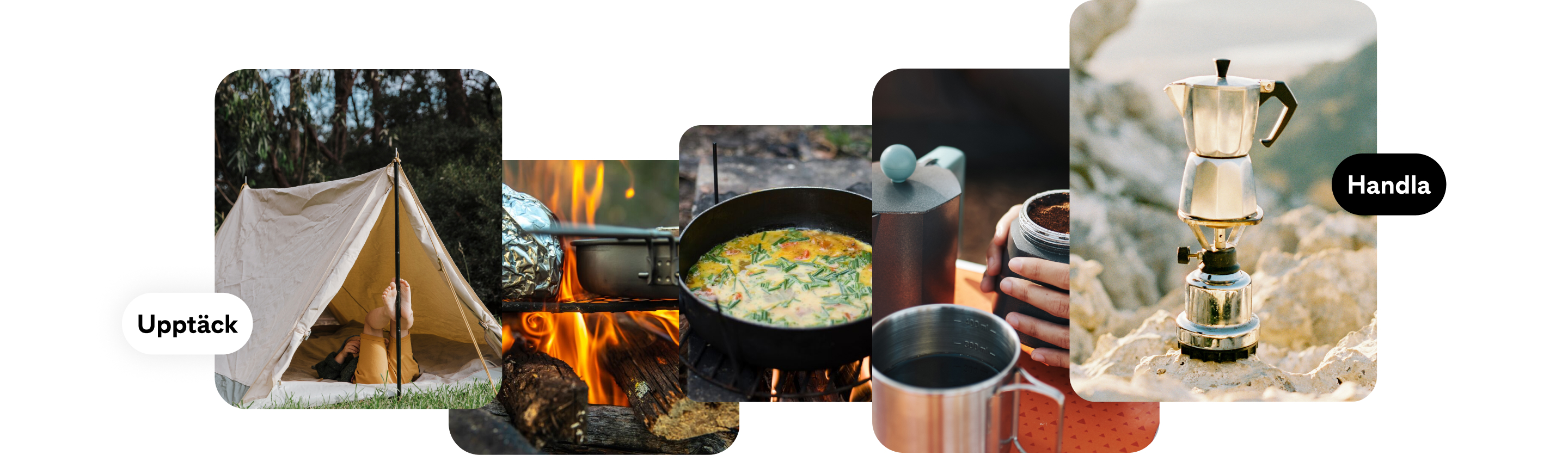 Kollage av bilder av friluftsäventyr som visar ett tält i en skog, matlagning över en lägereld och en handhållen kaffebryggare på en sandstrand med knapparna ”Utforska” och ”Köp”.