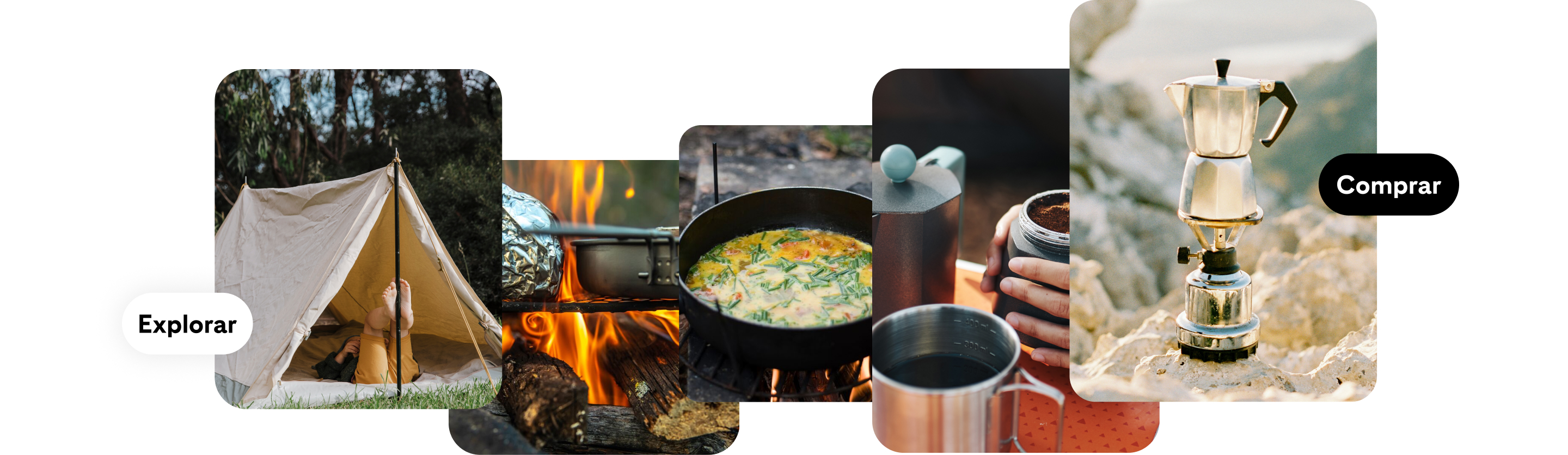 Colagem de imagens de aventuras ao ar livre, incluindo uma tenda na floresta, cozinhar numa fogueira e uma cafeteira portátil numa praia com os botões "Explorar" e "Comprar".