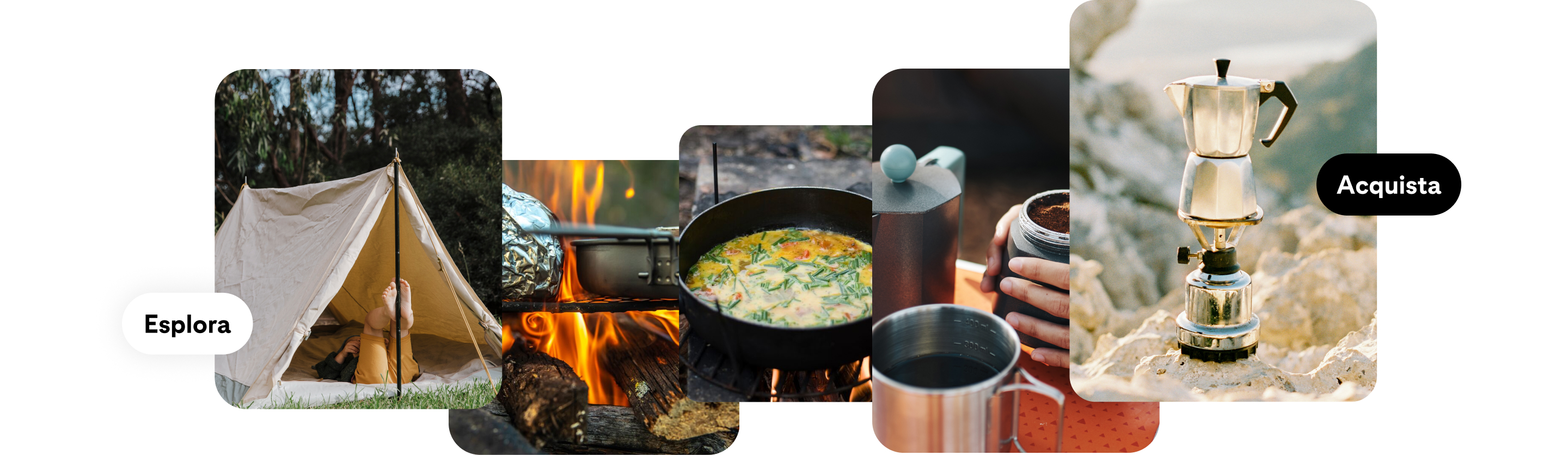 Collage di immagini di avventure all'aria aperta, tra cui una tenda in una foresta, una scena di cucina su un fuoco da campo e una caffettiera su una spiaggia sabbiosa con i pulsanti "Esplora" e "Acquista".