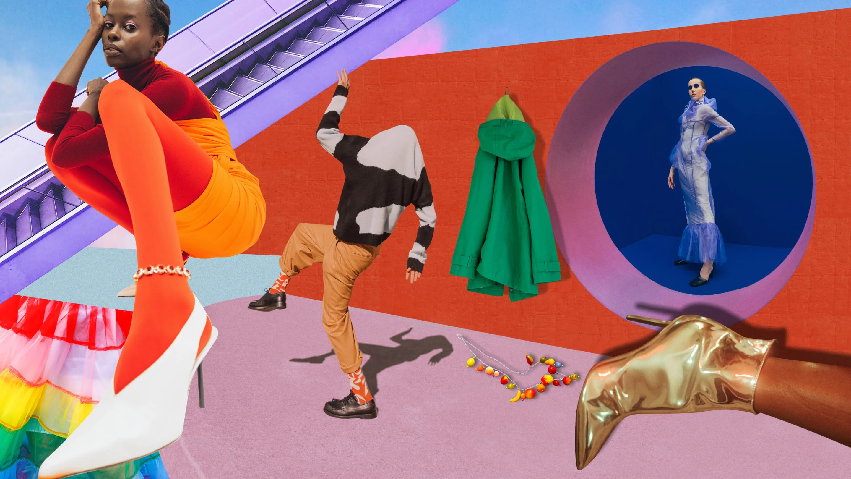 Collage of several people in colourful clothing. A Black woman on the left wears bright orange tights with a yellow dress. A man in the centre wears a black and white printed jumper pulled over his head, tan trousers and orange socks. A white woman on the right wears a blue chiffon dress.