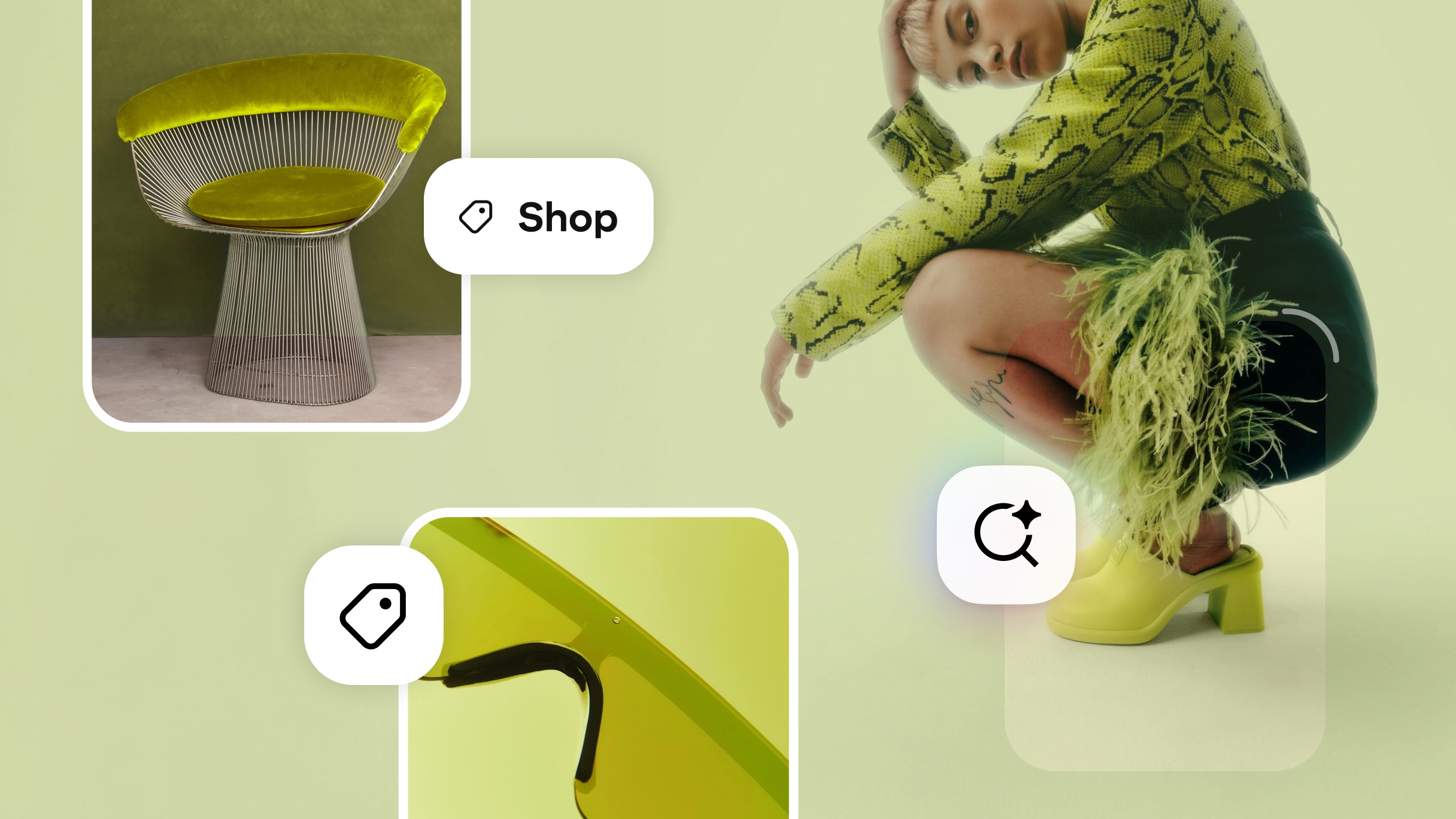 Closeup of shopping ads in green color palette.