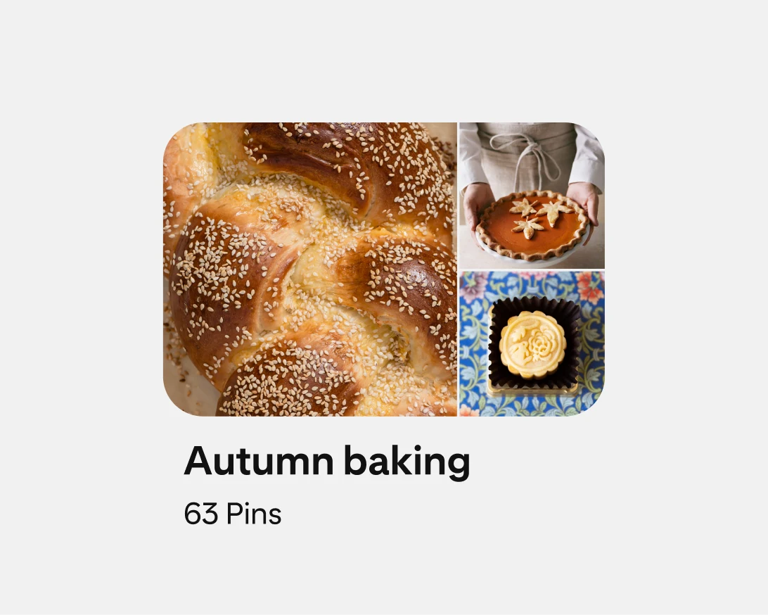 Autumn baking board featuring three preview images including Challah, a white woman holding a pie and an ornately decorated biscuit.