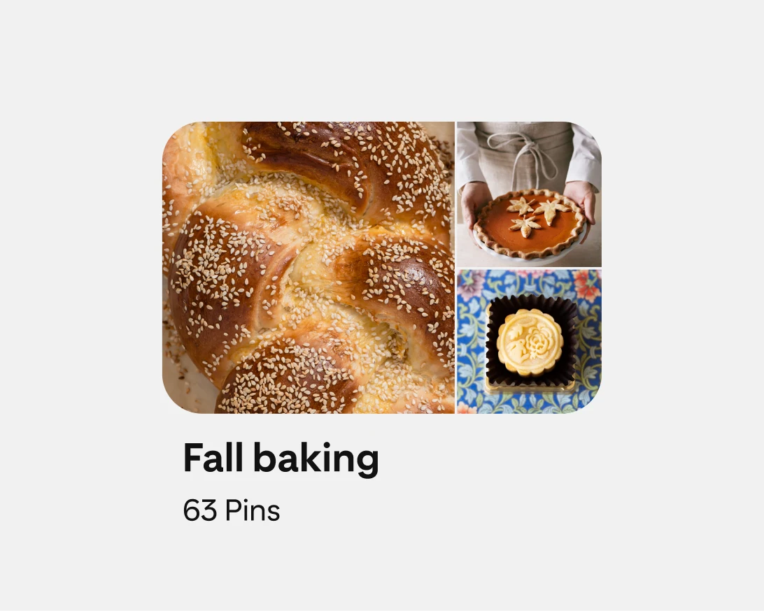 Fall baking board featuring three preview images including Challah, a white woman holding a pie and a highly-detailed cookie.