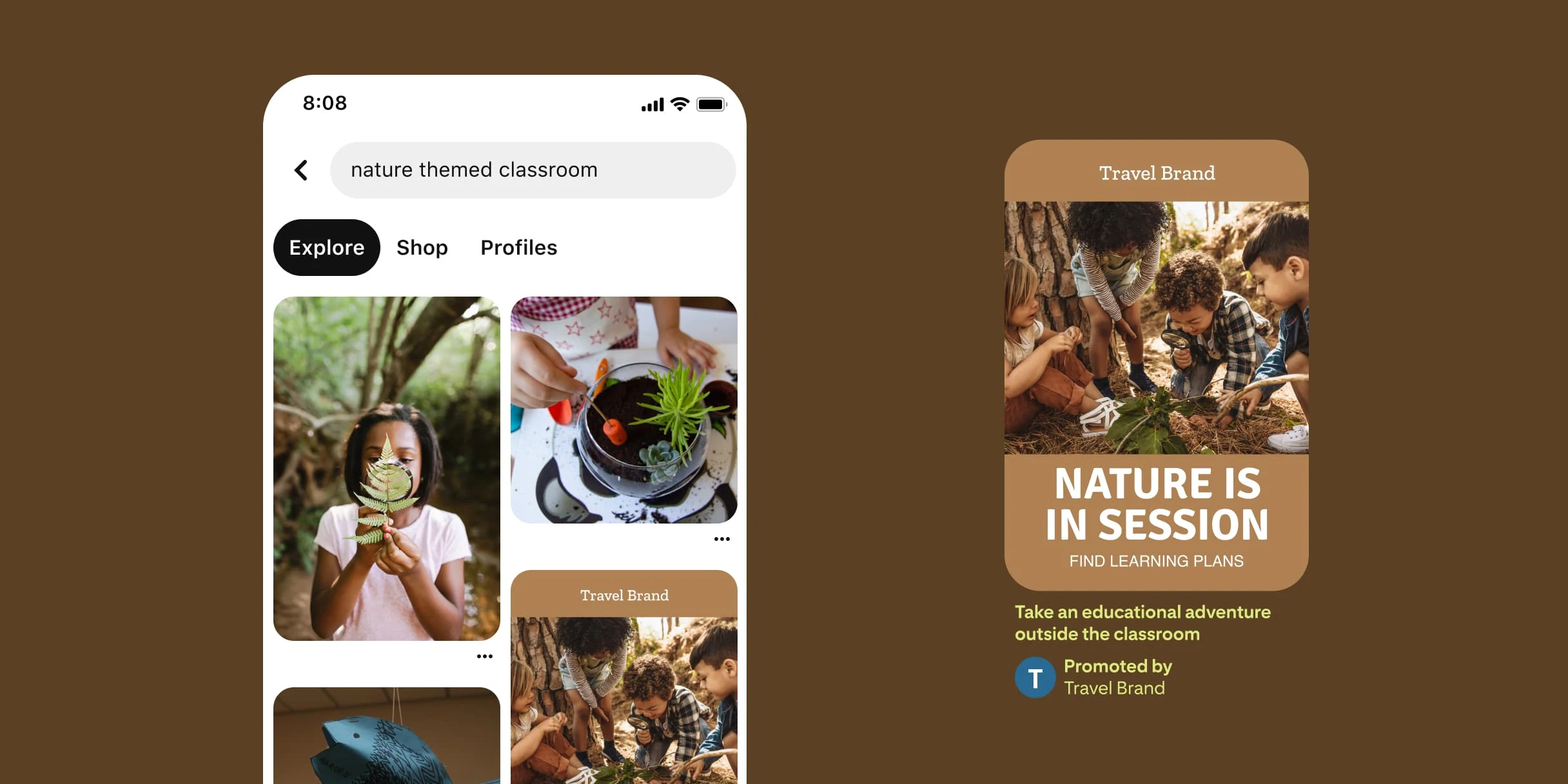 Pinterest search term for ‘nature-themed classroom’. A Black girl is holding a leaf and looking at it through a magnifying glass. A child's hand is working on a succulent terrarium. A blue paper fish is hanging from the ceiling. A Pin showcasing a group of diverse children out in nature looking at a plant through a magnifying glass. The text reads, ‘Nature is in session – Find learning plans’. The description underneath reads, ‘Take an educational adventure outside the classroom’.
