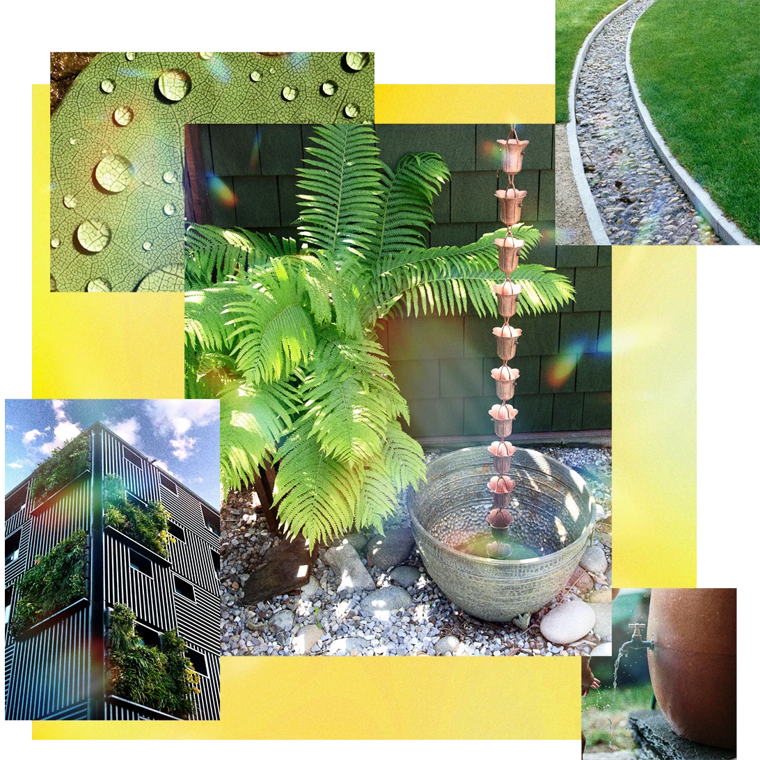 Set of five images depicting a leaf with water droplets, a pebbled path, a water collection device, a flowing water spout and a vertical garden.