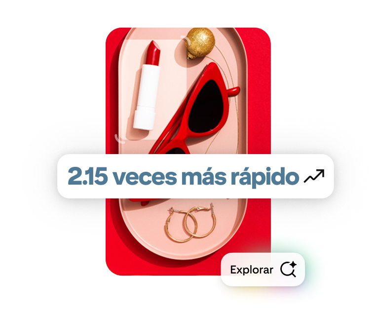 Un Pin en el que se muestra a un hombre con un sombrero azul y audífonos blancos. Las palabras “2.15 veces más rápido” y “explorar” también aparecen superpuestas. 