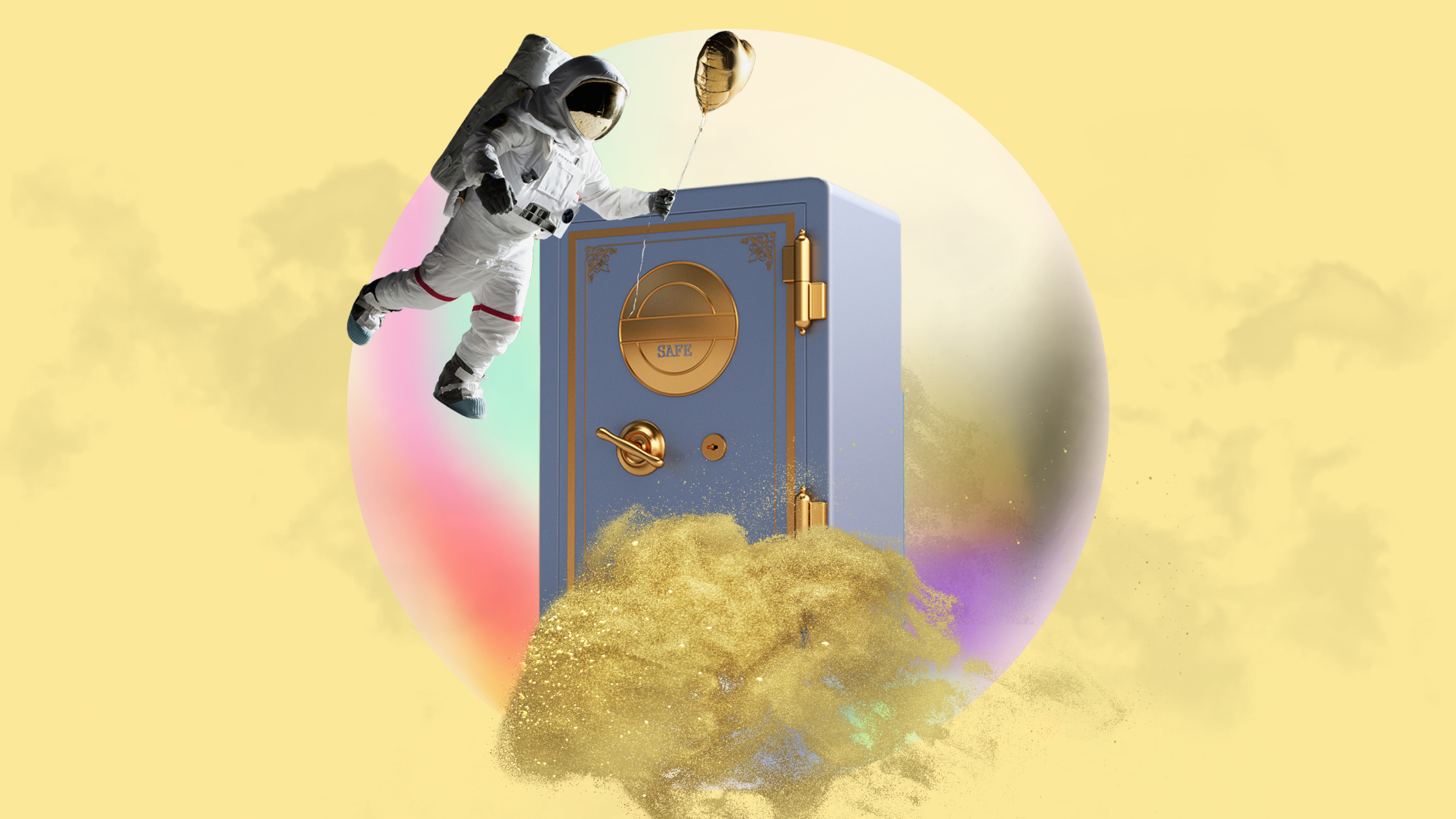 Collage featuring an astronaut in space gear holding a balloon, with an antique bank safe and gold dust cloud floating within a colorful bubble.