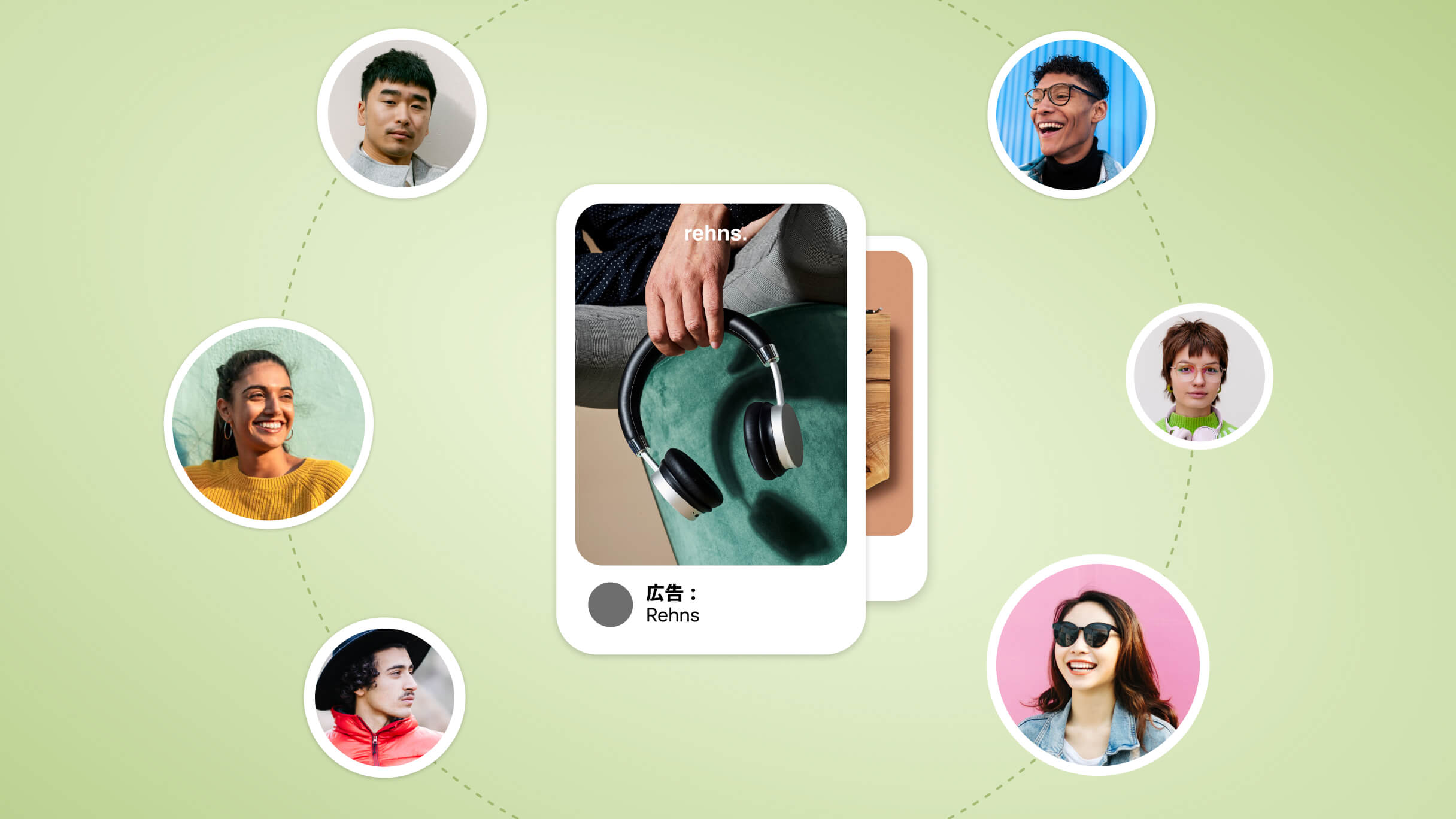 緑色の背景にヘッドフォンのセットが写っているプロダクトピンがあり、その周りにユーザーのプロフィール写真が表示されている
