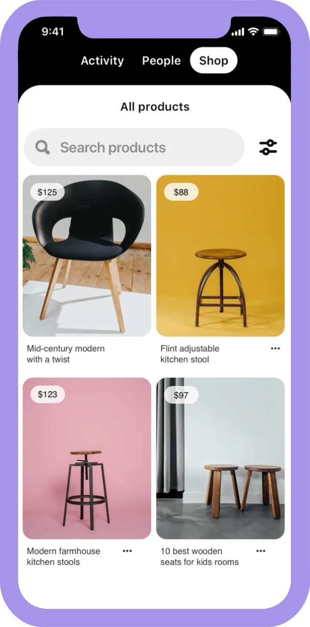 Phone screen showing furniture catalog offerings