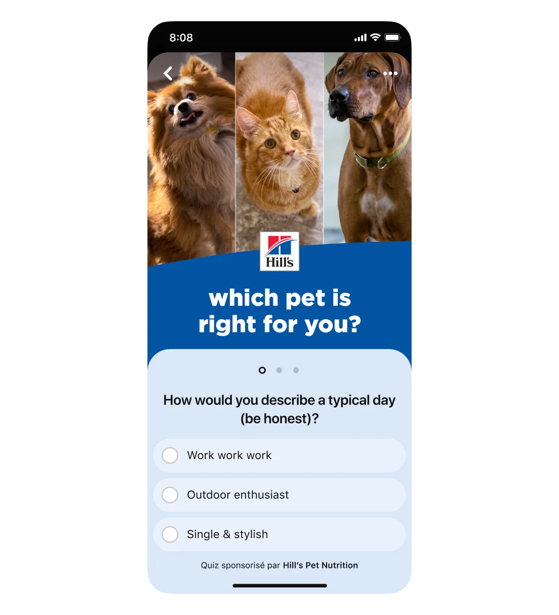 Annonce quiz Pinterest pour Hill’s Pet Nutrition affichée sur un mobile. La première question est : « Comment décririez-vous une journée habituelle (soyez honnêtes) ? » Trois réponses possibles : « travail », « plein air » et « solitaire mais distingué ».