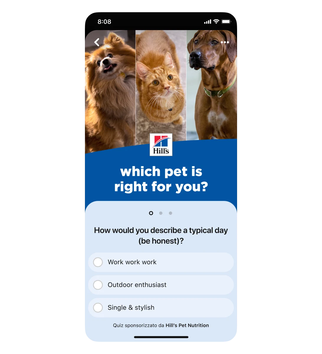 Visualizzazione su dispositivo mobile di un Quiz ad di Pinterest per Hill's Pet Nutrition. La prima domanda è: "Come descriveresti la tua giornata tipo (di' la verità)?" Le risposte possibili sono: "Lavoro", "Amo stare all'aperto" e "Single e alla moda".