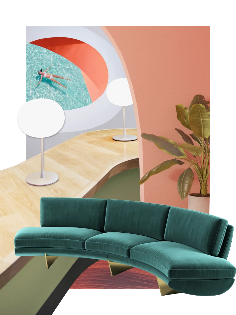 Collage of curved items. Green three-panel sofa. A curved wooden runway. White woman floating in a round pool. Silver standing lamps with large oval shades. A pink archway on the right, tall green potted plant in front.

