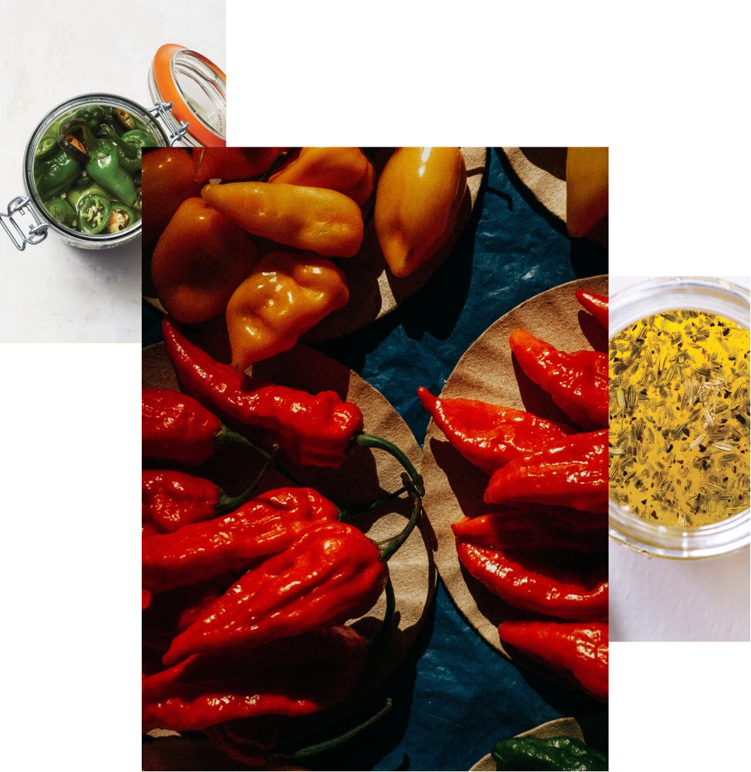 Image cluster featuring pickled jalapeños in a glass jar, vibrant red and yellow peppers on different plates and a jar of olive oil mixed with herbs