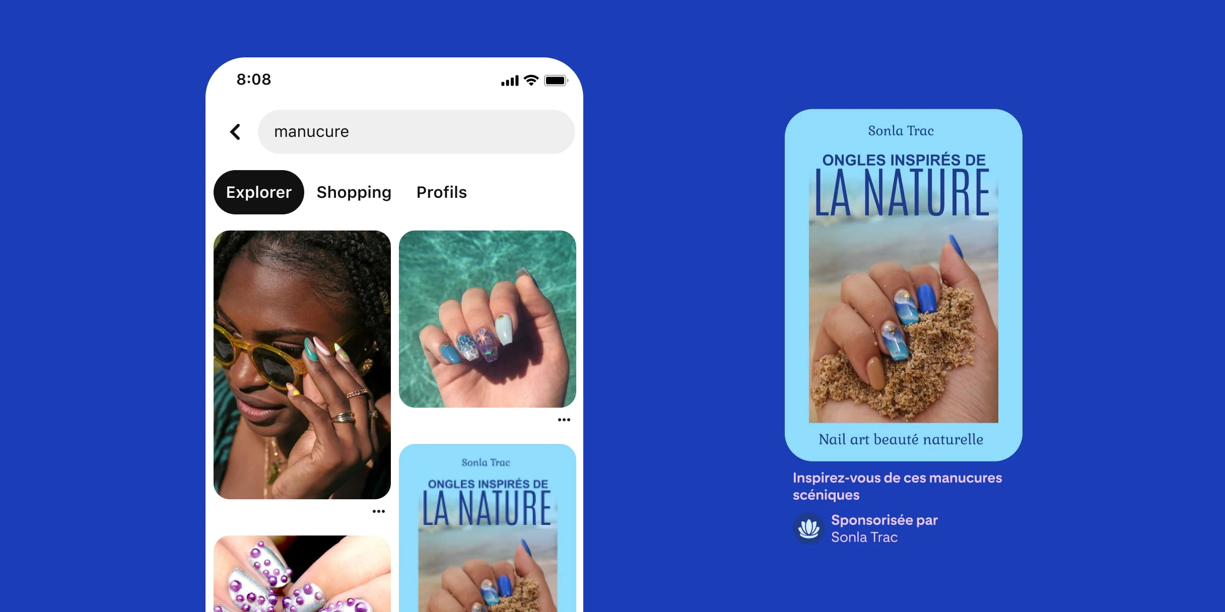 Résultats de recherche Pinterest pour Manucure. Femme noire tenant la monture de ses lunettes de soleil d’une main aux longs ongles vernis avec des formes pastel. Main avec de longs ongles et une manucure inspirée de la mer avec une piscine en arrière-plan. Main aux ongles courts avec du vernis argenté et des points violets en relief. Épingle montrant une main tenant du sable à la plage, avec de longs ongles dont la manucure rappelle la plage. Le texte dit : ongles inspirés de la nature. Nail art beauté naturelle. La description dit : Inspirez-vous de ces manucures scéniques. 