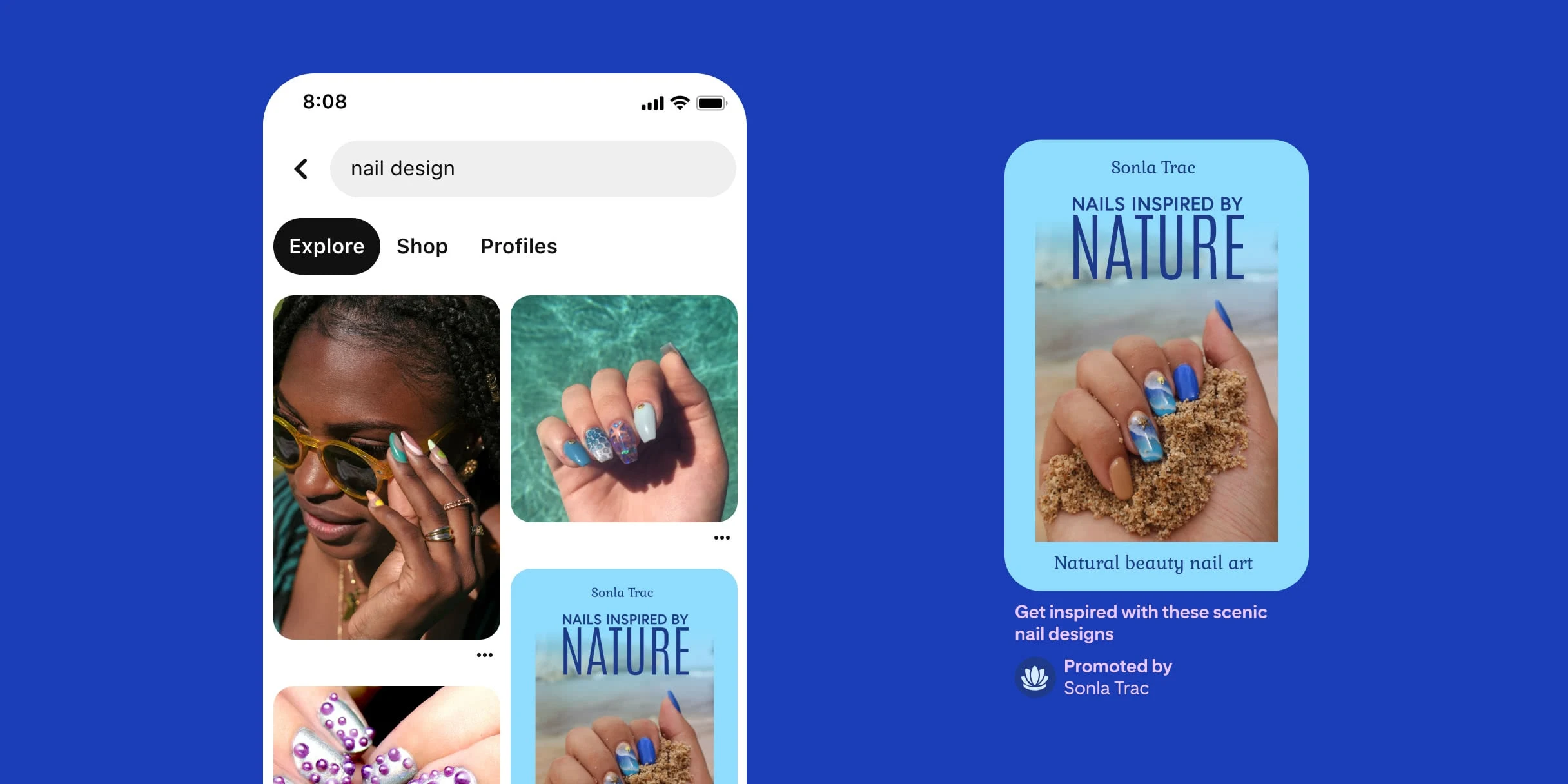 Pinterest search term for nail designs. Black woman holding the frame of her sunglasses, her long nails have pastel shapes on them. A hand with long nails and with sea inspired designs over a pool background. Hand with short nails with silver nail polish and purple 3D dots. Pin showcasing a hand on the beach holding sand. The hand has long nails with a beachy design. Text reads nails inspired by nature. Natural beauty nail art. Description reads get inspired by these scenic nail designs. 