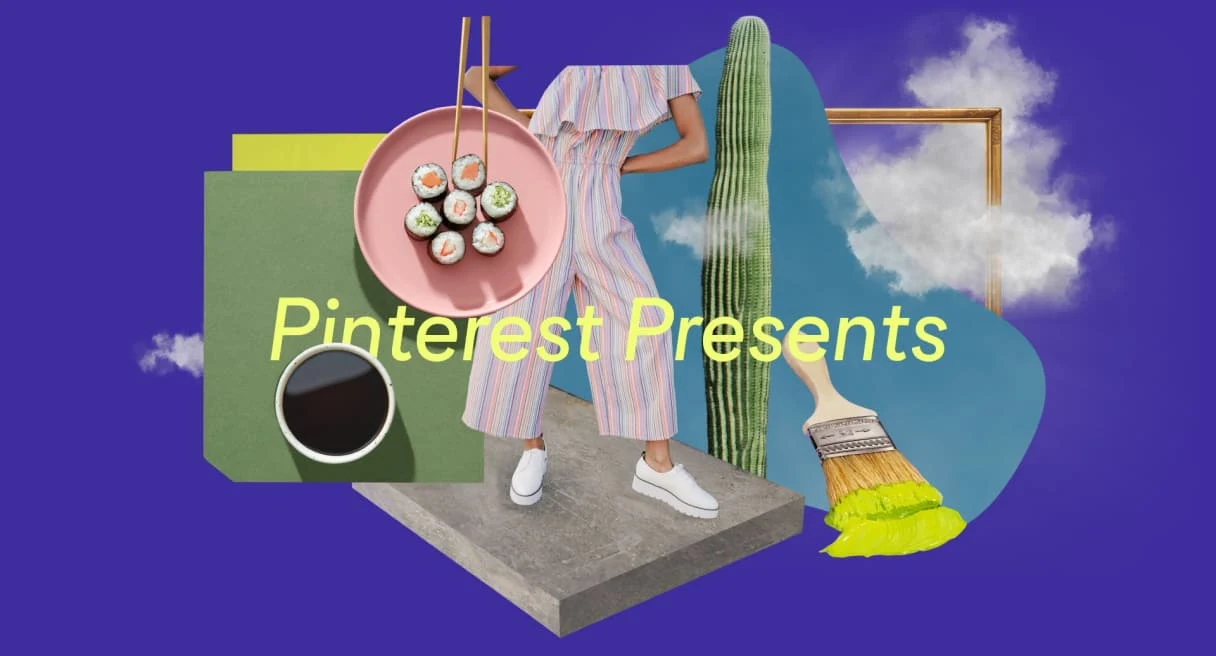 A montage of colorful images including a coffee cup, a yellowed-tipped paintbrush, a cactus stem, sushi on a pink plate, a woman in pink and a gold picture frame in clouds