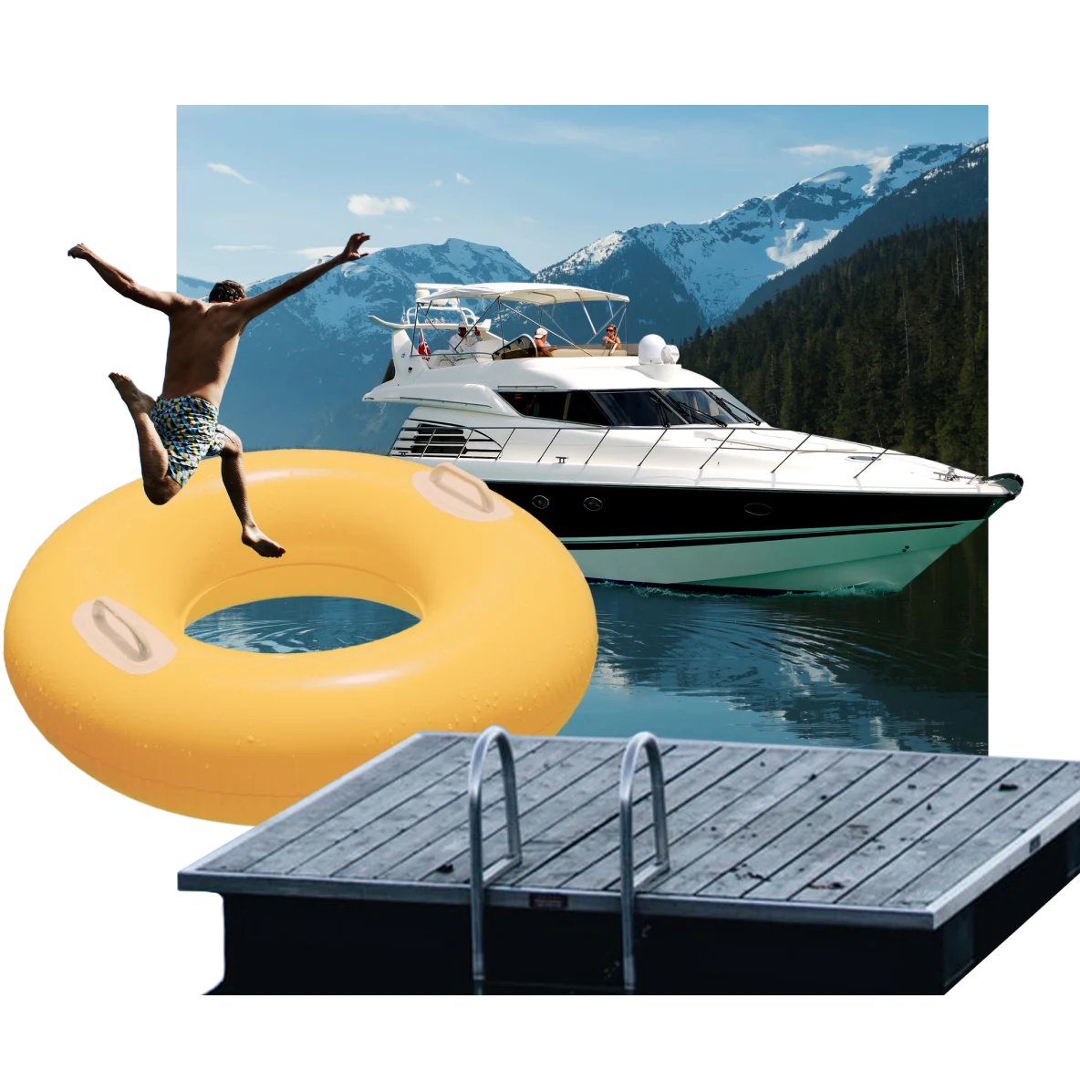Collage of lake-themed items: A boat in the centre on a steel-blue lake with a dock in the foreground. A swimmer jumps inside a large yellow rubber ring. Snow-capped mountains in the background.