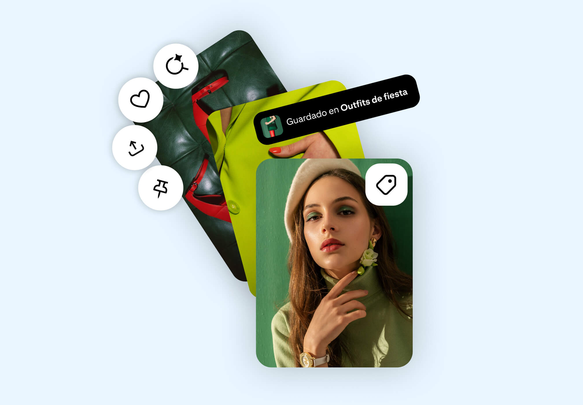 Un Pin de una mujer con boina beige y un suéter de cuello de tortuga verde guardado en un tablero de "Outfits de fiesta", superpuesto sobre un tejido de moda, mostrando una chaqueta de cuero verde y zapatos rojos, con iconos de acción de Pinterest visibles
