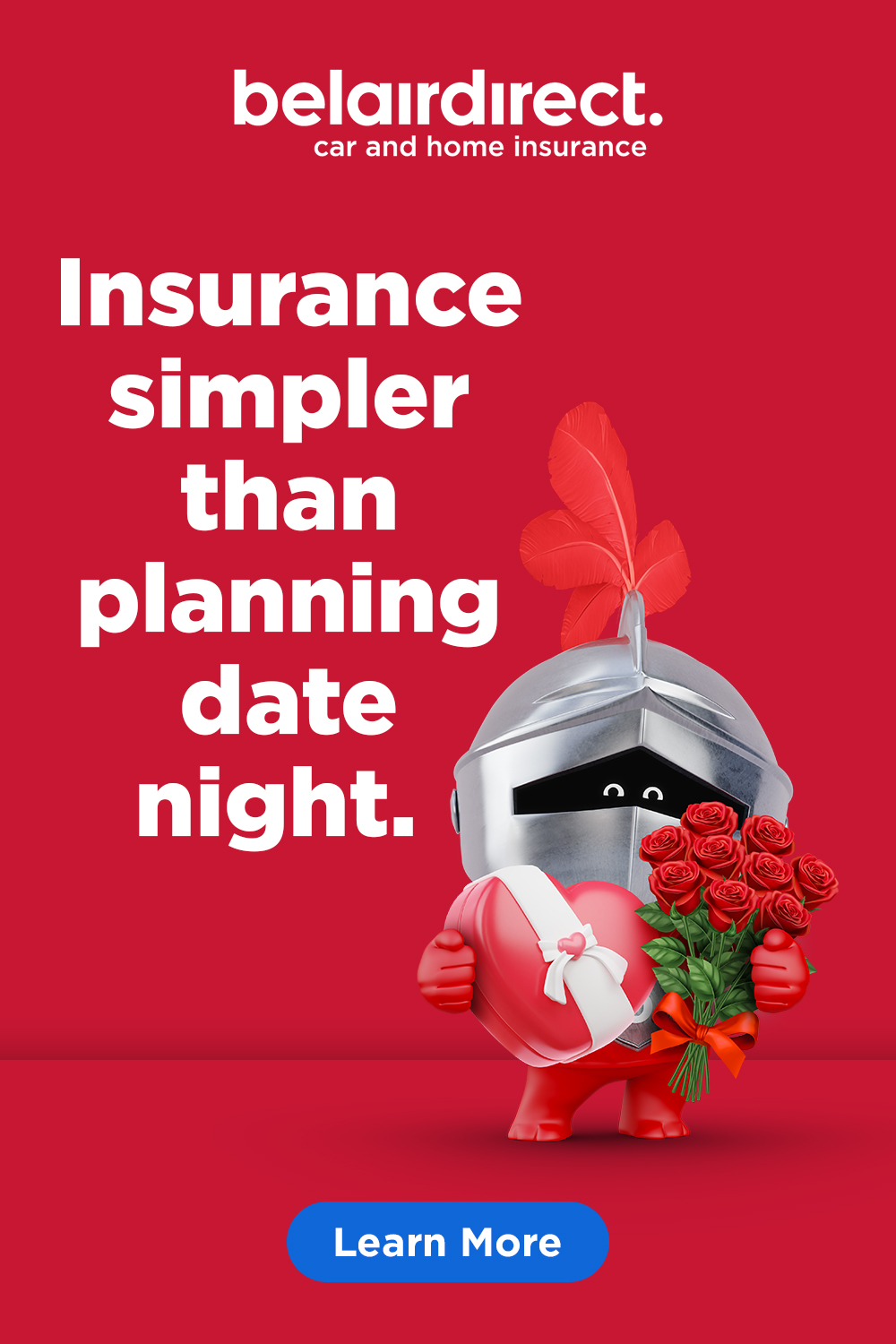 belairdirect static ad with "Learn More" button saying "belairdirect. car and home insurance. insurance simpler than planning date night."
