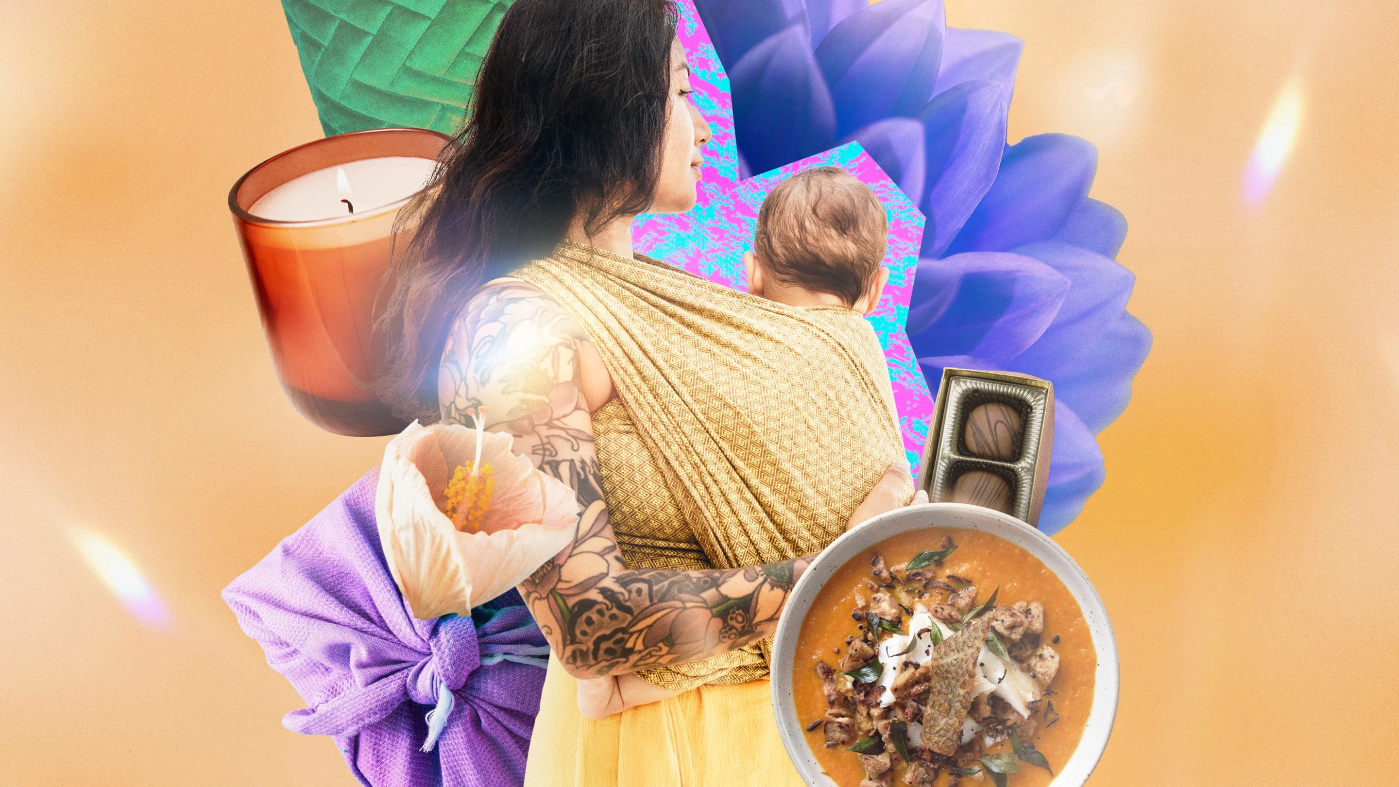 A woman with tattoos is carrying a baby with various items collaged around her, including a candle, flower petals, a box of chocolates, soup and blankets.