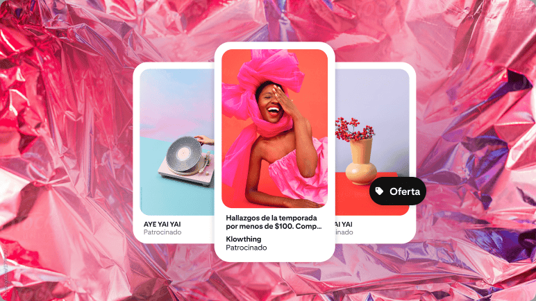 Three Pins are laid out against a pink cellophane wrapper backdrop with Sale and Performance+ buttons. The center image is a woman dressed in hot pink holiday attire. The left image shows a record player, and the right image is a vase with berries.
