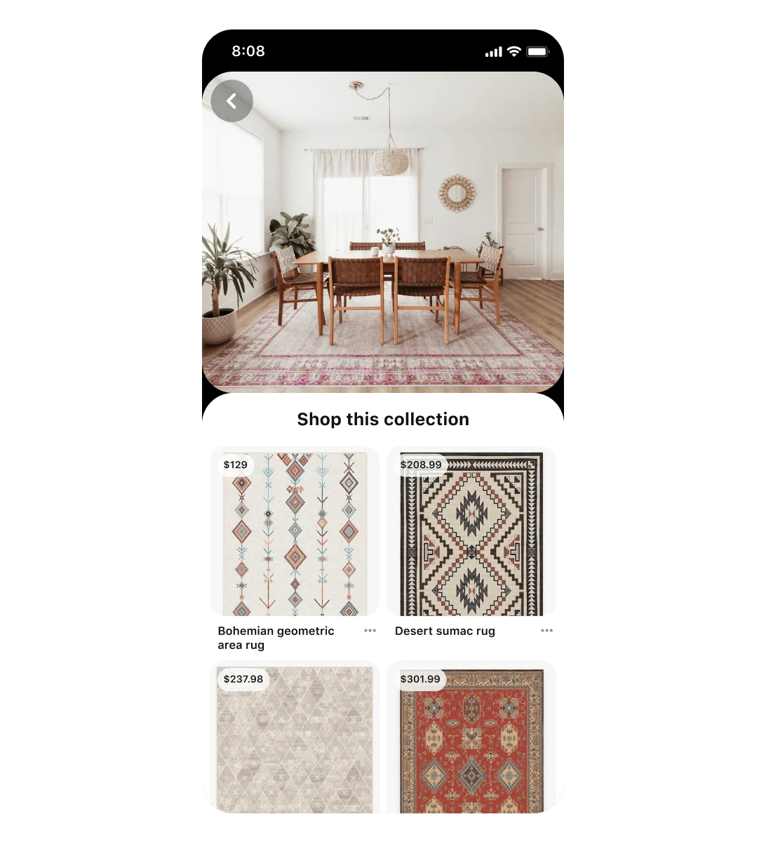 Mobile view of a collections ad for rugs. The ad creative is of a dining table with a large vintage-style area rug beneath it. Other images below show four rugs of a similar style but with varying designs and prices.