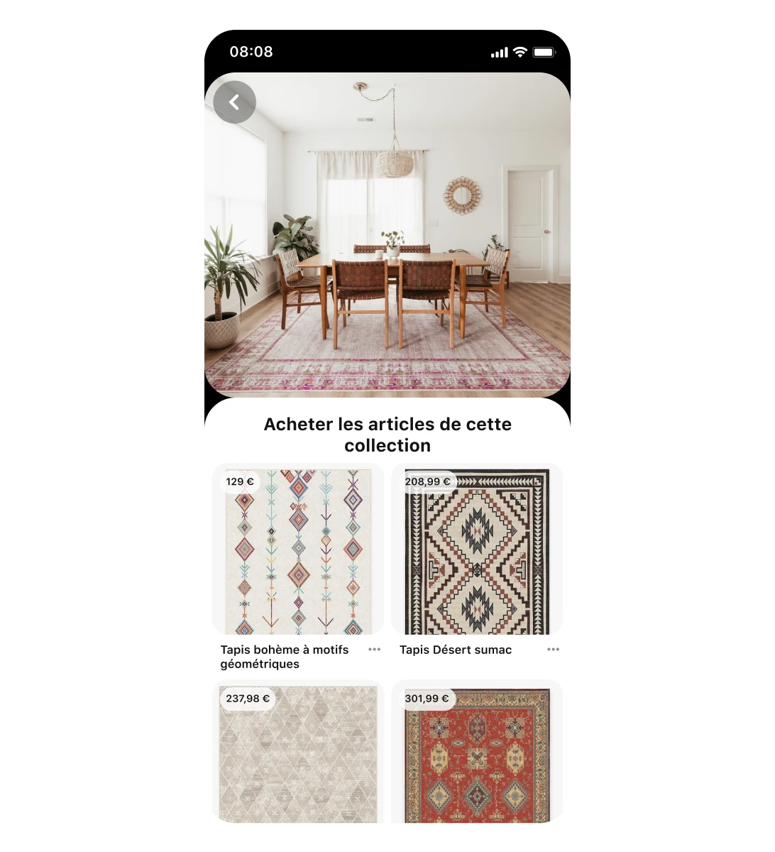 Affichage sur mobile d’une annonce Collections de tapis. L’annonce créative est une table à manger posée sur un grand tapis de style vintage. Les autres images en dessous montrent quatre tapis au style similaire, mais avec des designs et des prix variés.