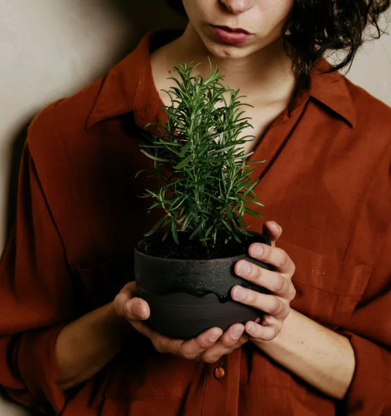 A woman in a rust-colored shirt holding a small potted rosemary plant.