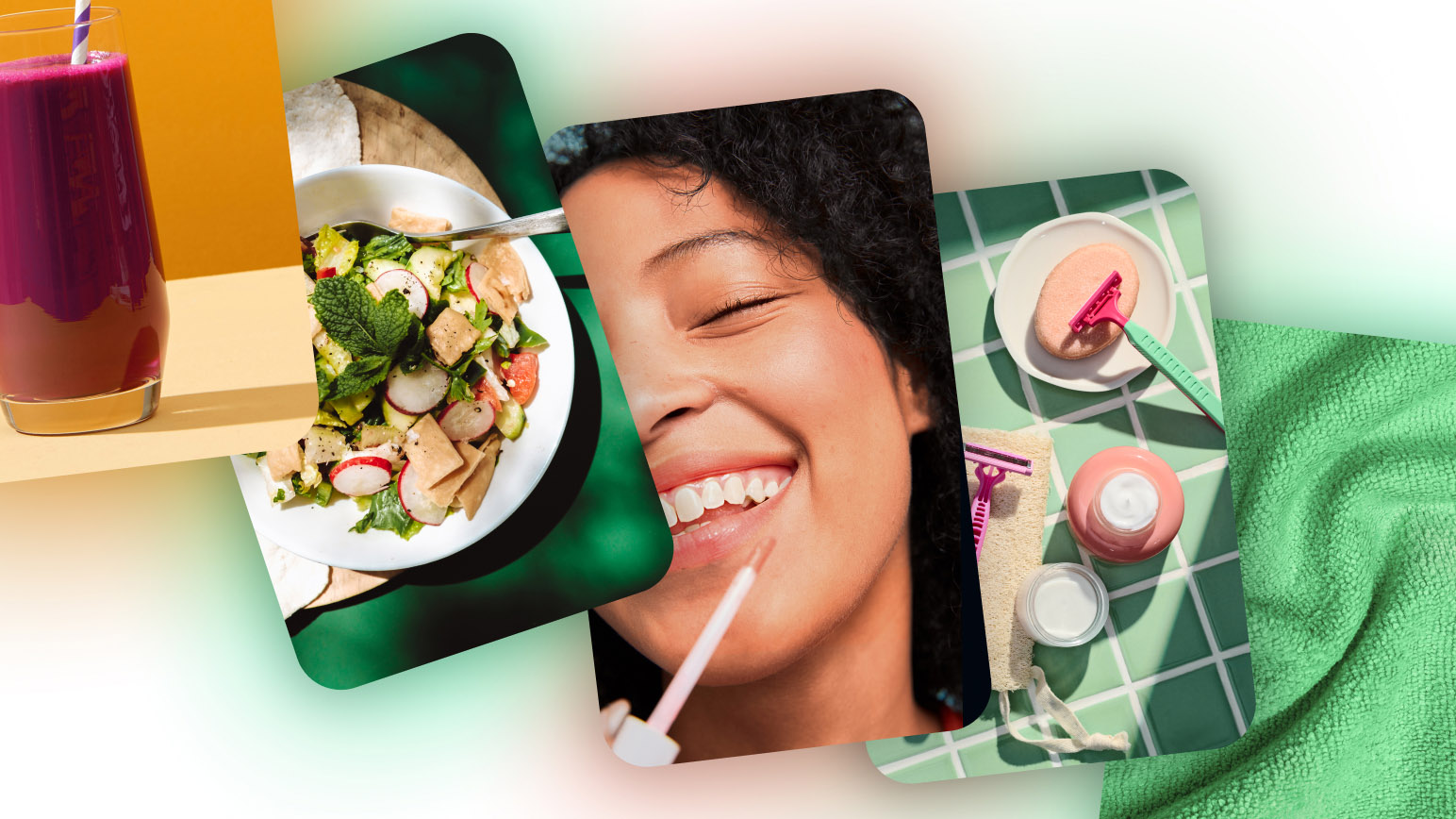 Collage of five Pins: a purple smoothie, a fresh salad, a smiling woman applying lip gloss, a pink razor and soap on a dish and skincare products on a green-tiled surface, and a green microfibre cloth