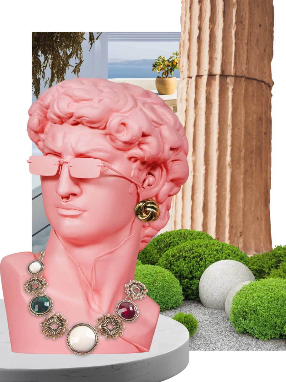 Collage of Greek-themed items. Pink Michelangelo’s bust of David with sunglasses, an earring and gem necklace. Large tan column at right with rounded bushes underneath. White doorway in background looking onto the sea and mountains in the distance. Small orange tree in an earthen pot.
