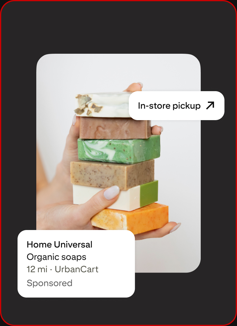 An ad shows a person holding a stack of organic soap bars available for in-store pickup