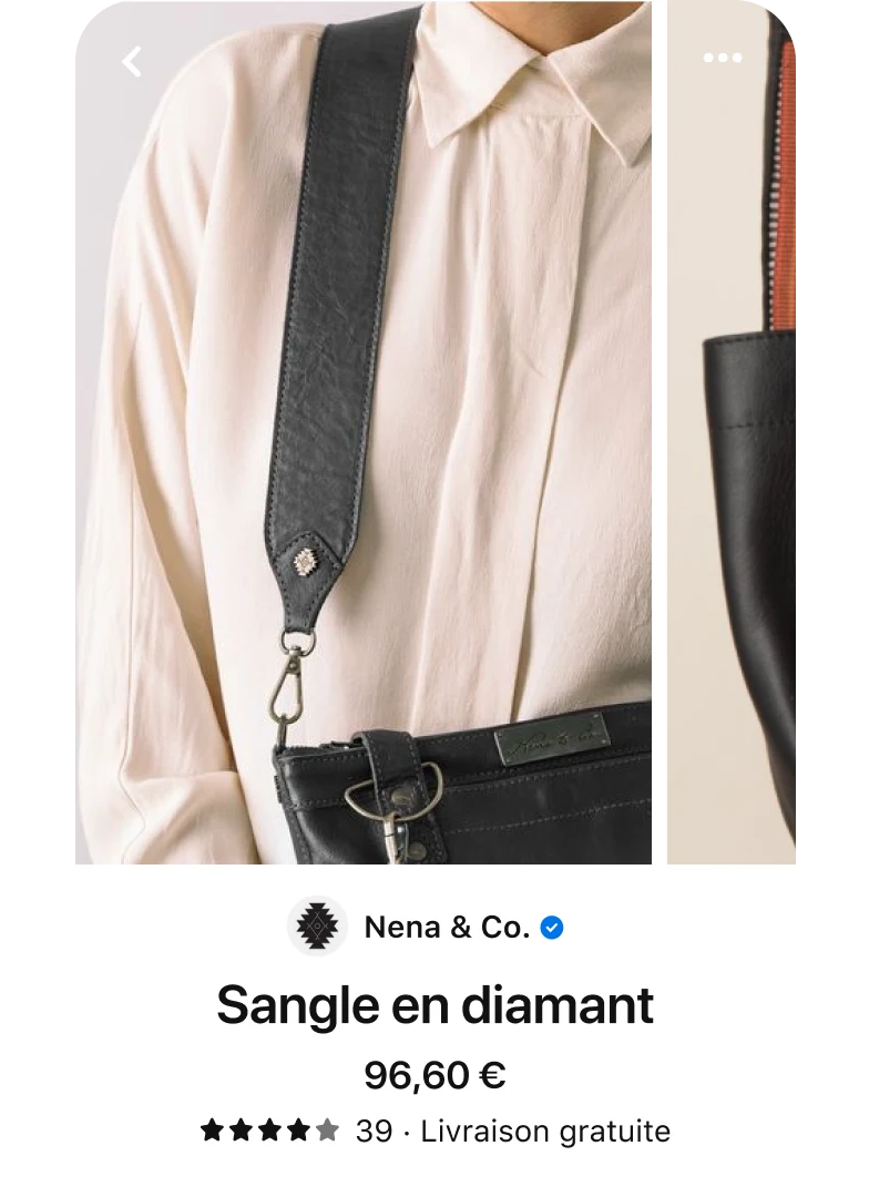Épingle montrant une femme en chemise blanche avec un sac noir Nena & Co. à l’épaule. La description dit : Nena & Co., Bandoulière Diamante, 96,60 $, livraison gratuite.