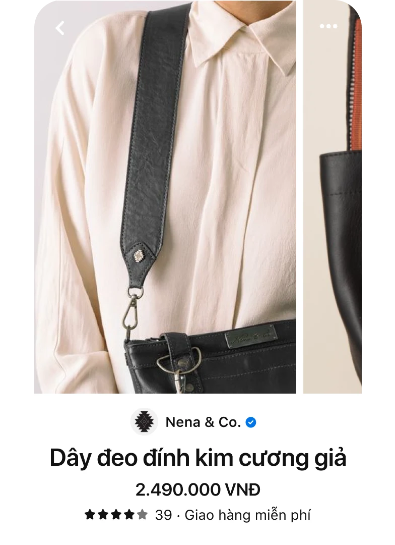 Mục Ghim người phụ nữ mặc áo trắng, đeo túi Nena & Co. màu đen trên vai. Nội dung mô tả là "Nena & Co., Dây đeo đính kim cương giả, 96,60 USD, giao hàng miễn phí".
