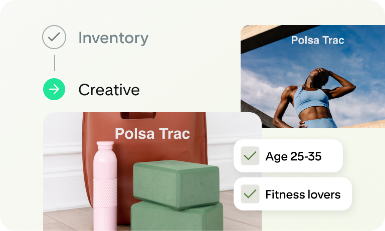 Advertising dashboard graphic with inventory and creative options beside a fitness-themed product image, plus audience tags for ages 25–35 and fitness lovers.