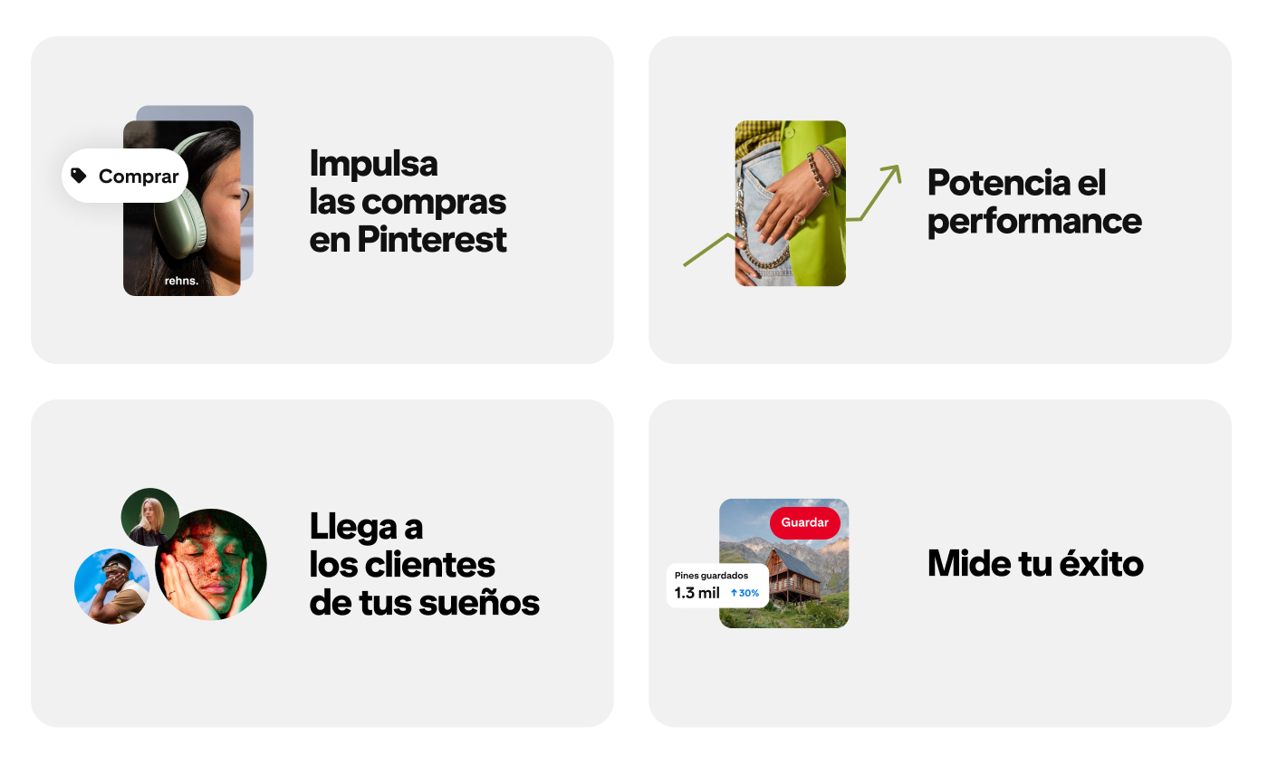 Una representación de las cuatro rutas de aprendizaje: impulsa las compras en Pinterest, potencia el performance, llega a los clientes de tus sueños y mide tu éxito.