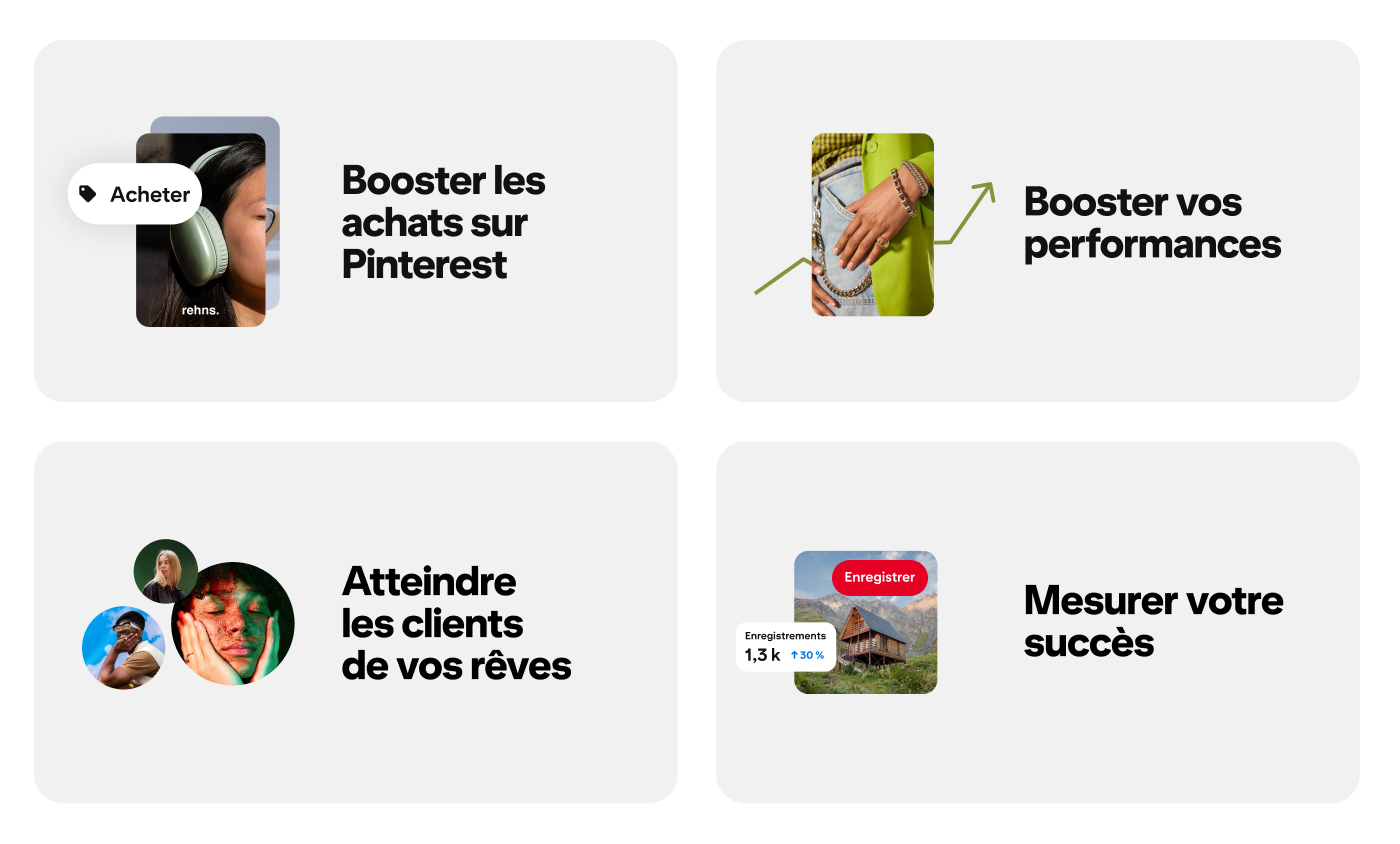 Une représentation des quatre parcours d’apprentissage : Booster les achats sur Pinterest, Booster vos performances, Atteindre les clients de vos rêves et Mesurer votre succès.
