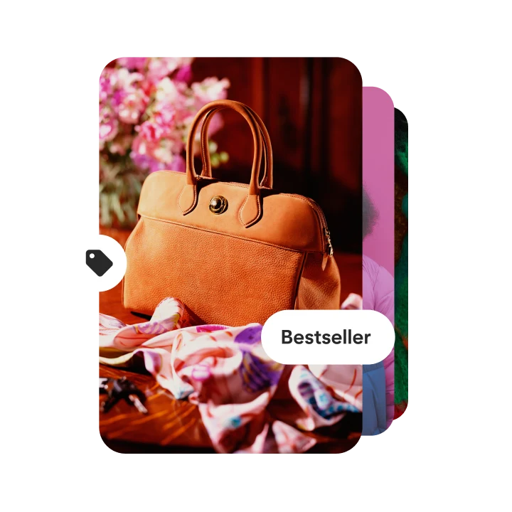 Image of pin displaying an orange handbag sitting on a red table, surrounded by lush fabrics. In the forefront of the image, the pin logo appears to the left and a button reading "Best seller" to the right. 