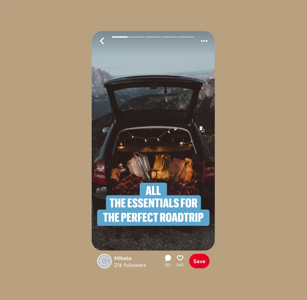 Idea Pin featuring  the trunk of a car filled with string lights and luggage with on-screen text that reads: “all the essentials for the perfect road trip.”