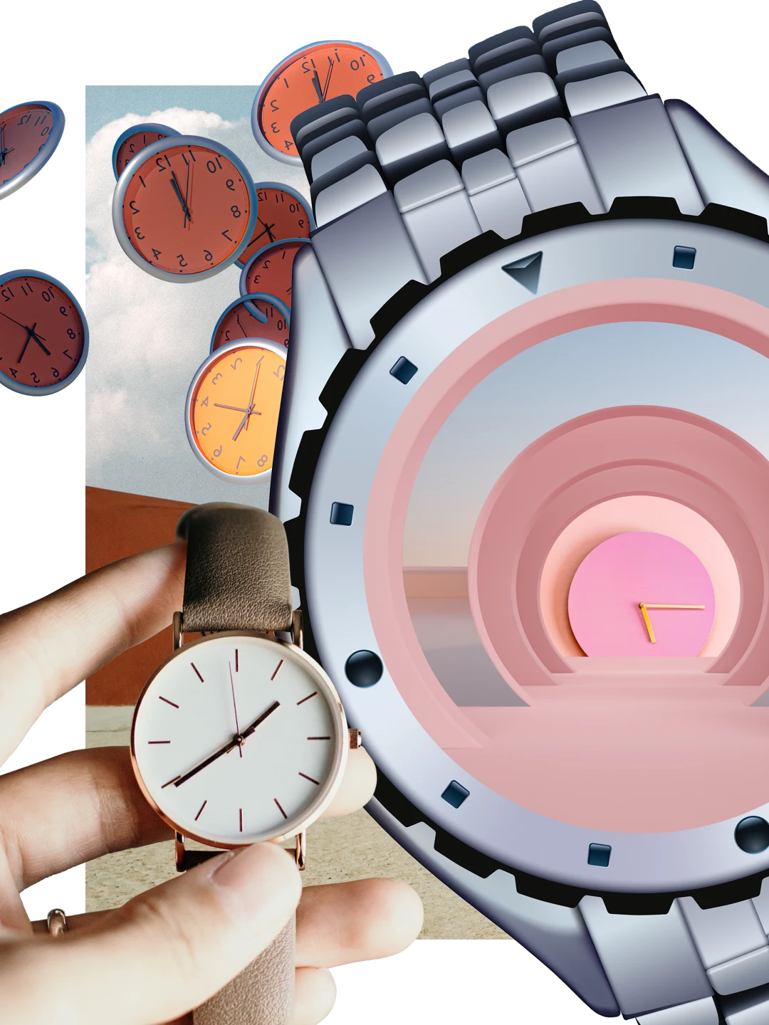 Eine Collage mit verschiedenen Uhren und Armbanduhren. Eine weiße Hand hält eine Armbanduhr aus Leder. In der Mitte ist eine Armbanduhr aus Metall zu sehen. In ihr eine rosafarbene Wanduhr mit gelben Zeigern. Armbanduhren in Braun und Gold, die vor Wolken schweben.
