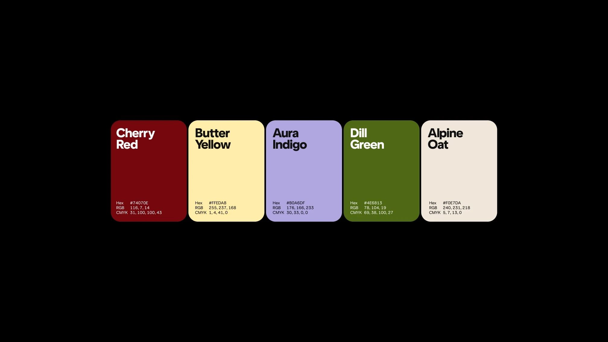 Swatches show the 5 Pinterest Palette colours with hex codes, RGB and CMYK values.
