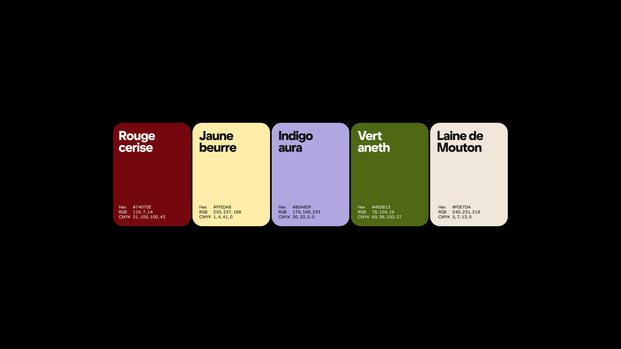 Les échantillons montrent les 5 couleurs de la Palette Pinterest™ avec des codes hexadécimaux, et les valeurs RGB et CMYK .