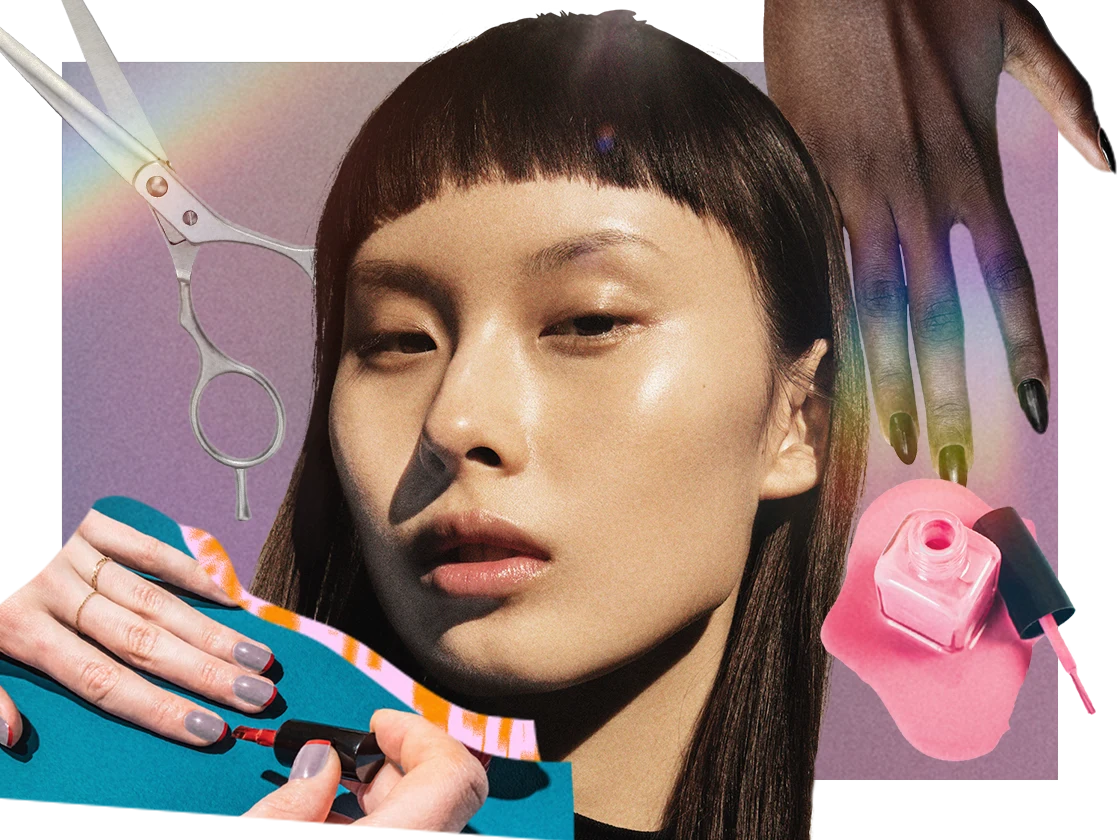 Collage of various examples of micro beauty styles like mini bangs and short manicures, collaged with haircutting shears and an opened bottle of pink nail polish. 