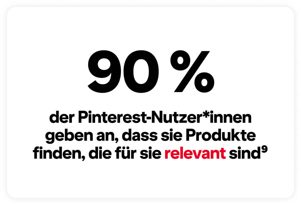 Der Text „90 % der Pinterest-Nutzer*innen geben an, dass sie Produkte finden, die für sie relevant sind“ ist in Schwarz und Rot geschrieben.