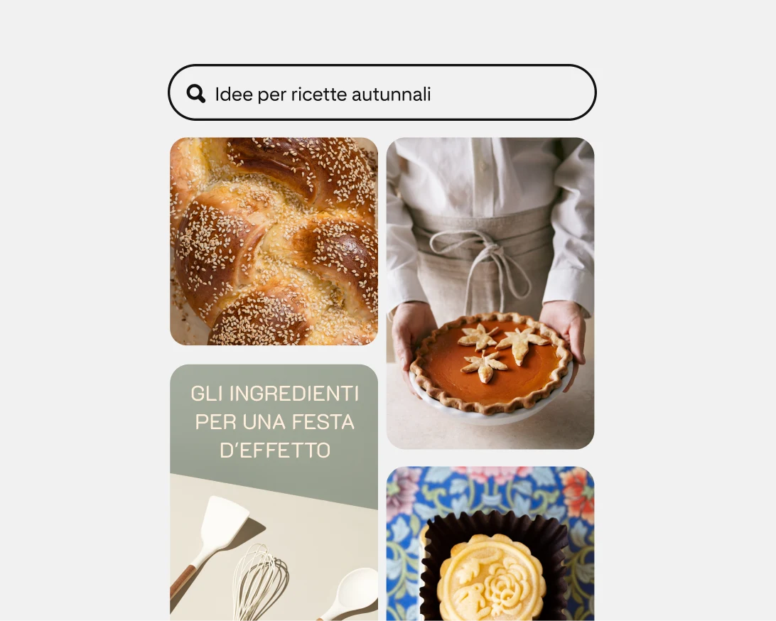 Feed di Pinterest con quattro Pin raffiguranti una Challah, una donna bianca che tiene in mano una torta, l'annuncio di una frusta da cucina e un biscotto decorato nei minimi dettagli.