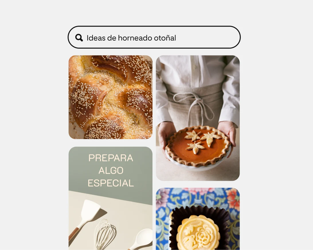 El feed de inicio de Pinterest de cuatro Pines muestra un pan jalá, una mujer blanca sosteniendo un pay, un anuncio de batidores de mano y una galleta decorada.