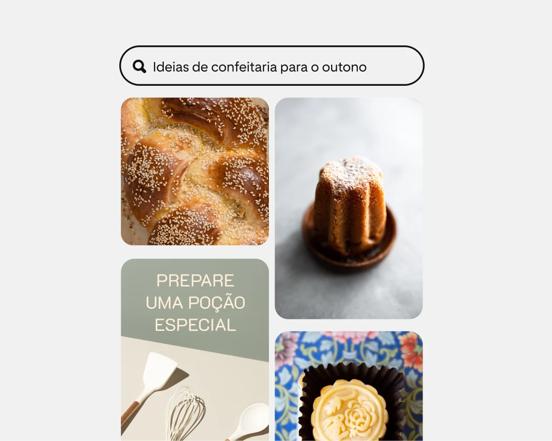 Feed inicial do Pinterest mostra quatro Pins com pão chalá, uma mulher branca segurando uma torta e um cookie decorado.