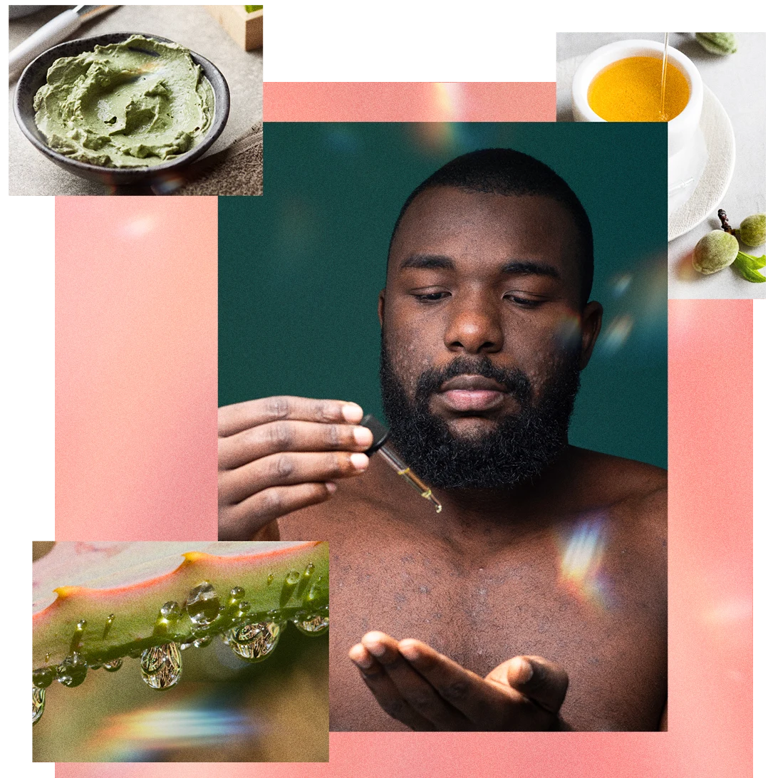 A centered photo of a Black man putting scalp oil into his hand surrounded by 3 images of various scalp masks and oils.
